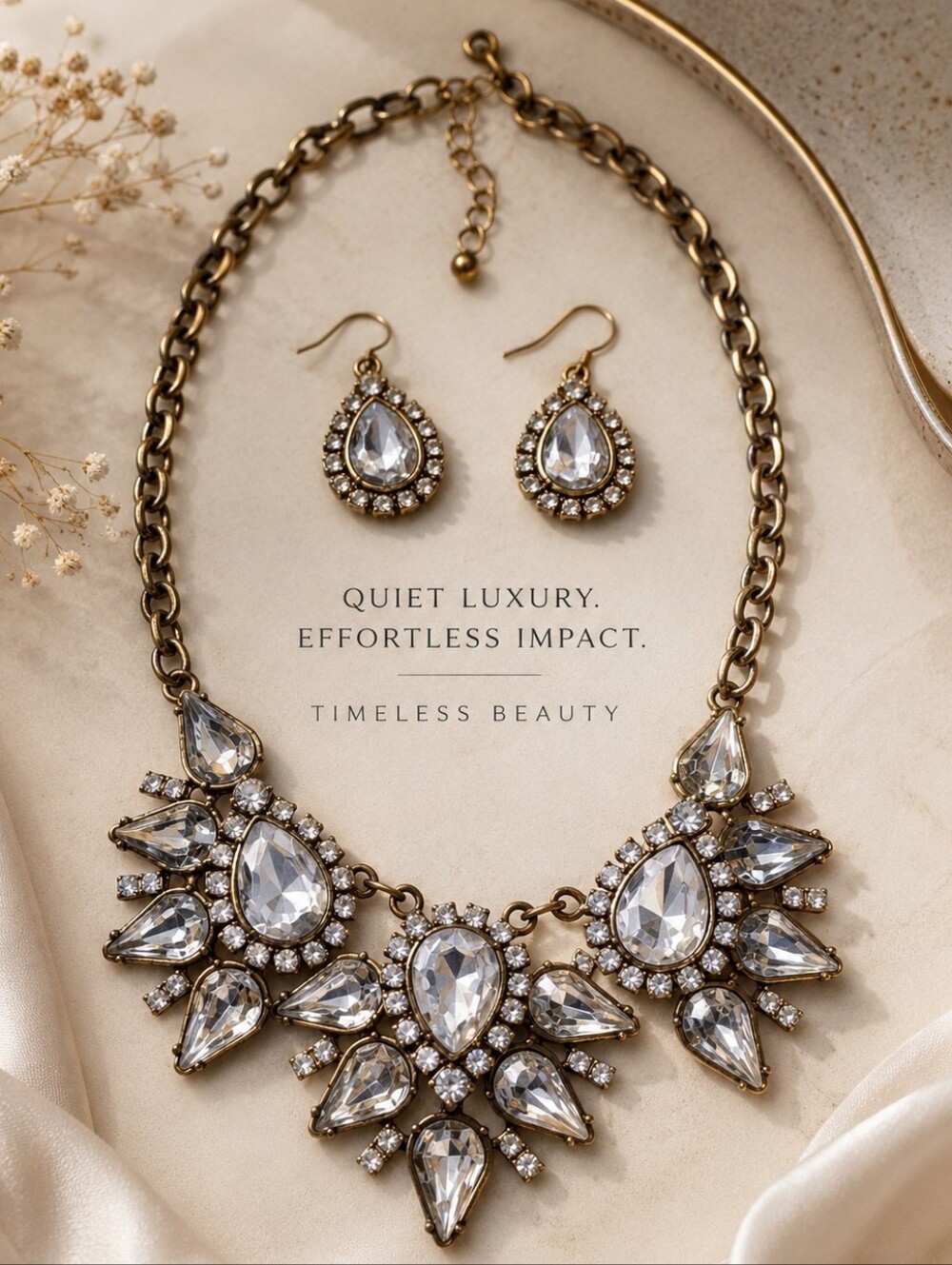 Glam Crystal Statement Necklace Set Gold Tone Bib Necklace Earrings Bridalcore